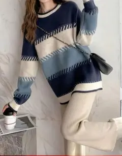 【2L 大きいサイズ】ストライプ柄オーバーサイズニットセーター