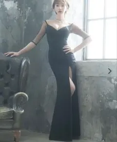【品切れ商品】Tika袖ありストレッチタイトロングドレスキャバドレスS黒