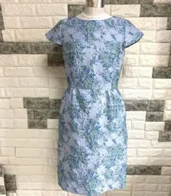 美品【LESTERA】レナウン花柄ジャガード 半袖ひざ丈ワンピース Mブルー絹混のサムネイル