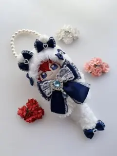 ぬい服 12cmサイズ ねこさんケープ ネイビーリボンビジュー水色