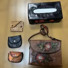 花柄レリーフ ブラウンショルダーバッグ　　ハンドメイド