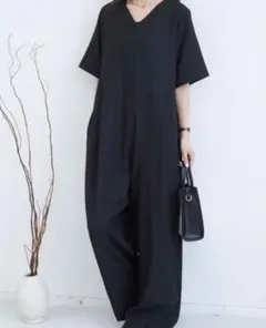 Vネック 半袖ルーズシルエットオールインワン