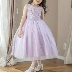 ウエストビジューのレースドレス　パープル