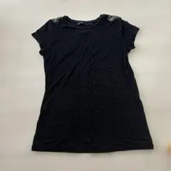 ZARA BASIC ビジュー装飾 半袖カットソー ブラック Mのサムネイル