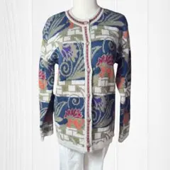 【美品】多色ラメ入花柄カーディガン トップス 金ボタン ストレッチ ウール混