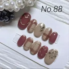 ネイルチップ　No.88 チェック　くすみレッド　ミラーハート　ガーリーネイル