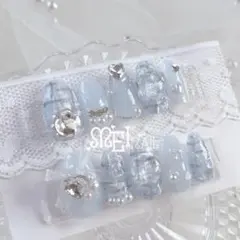 オーダー◇ネイルチップ 水色 量産型 フレンチガーリー ツイード リボン 推し