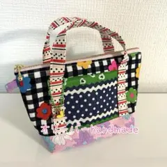 366 ハンドメイド 持ち手付きトートバッグ風ポーチ　レトロビンテージ　ドット