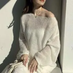 新品　モヘアロングニット オフショルダー ニット セーター　グレー