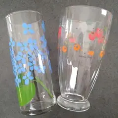 花柄と果物のデザインガラスコップ2個セット 昭和レトロ