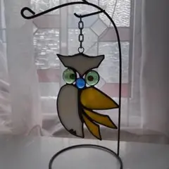 フクロウ　ステンドグラス　サンキャッチャー
