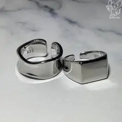 シルバー925 鏡面 ウェーブ＆スクエア 太め 高見え 2点セット