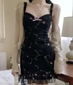 ブラック 花柄刺繍 キャミワンピースキャバドレス　ラウンジ