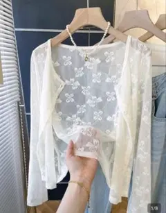 SHEIN シアー カーディガンリボン柄 ホワイト