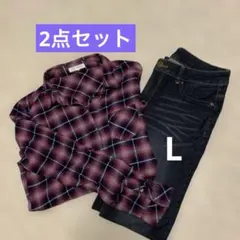 【2点セット】3can4on 綿100% チェックシャツ ＆ スキニーデニム