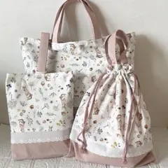 ハンドメイド　入園入学グッズ３点セット　ニュアンスカラーナチュラルチェリー柄 最大700円クーポン対象!送料無料 日本製 入園入学セット 3点