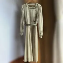 お*も様 昭和レトロなストライプ ベージュ グリーン　ロングワンピース
