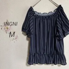 A-19【イング】良品　ストライプ柄 オフショルダー 半袖 ブラウス　紺　Mのサムネイル