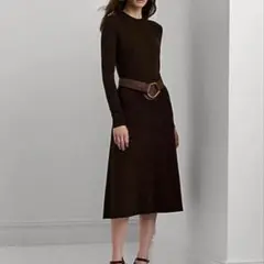 ウールブレンドロングスリーブセータードレス　フレアニットワンピース　M ブラウン