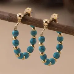 ターコイズ　フープピアス　14k GP ブルー　ゴールド　ハワイアン　トルコ石