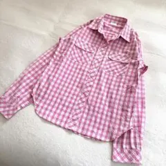 古着系 レトロ可愛いチェック柄シャツ ピンク