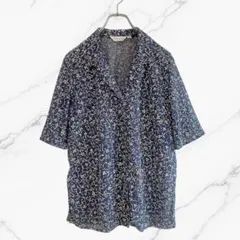 総柄デザインシアーシャツブラウスオープンカラー透け感紺ネイビーヴィンテージ古着