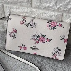 美品✨COACH コーチ 花柄 財布 ミニ ショルダーバッグ 白 PVCレザー