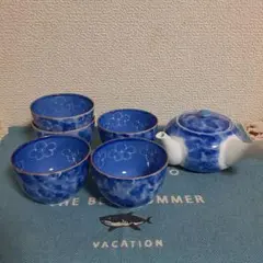 青色花模様の急須・湯飲み6点セット