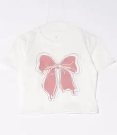 Lace Ladies ピンクリボン白Tシャツクロップド丈レディース韓国　半額のサムネイル