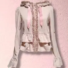 平成ギャルY2K姫ギャル姫カジ短丈フリルフードペプラムパーカー太リボン淡ピンク