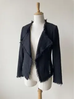 상태좋음 ZARA ザラ フリンジ ツイード ジャケット ノーカラー 黒 XS