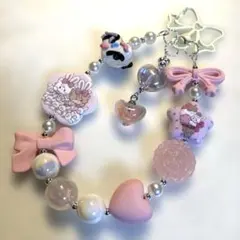 ビーズスマホストラップ 携帯ストラップピンク系リボン