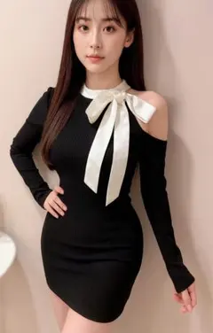 配色 リボン ワンショル リブ ミニ ワンピース ブラック DHOLIC 同型