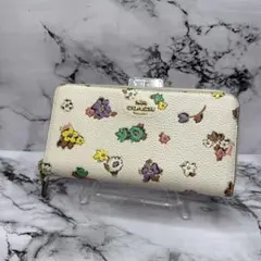 (極美品)大人気、コーチ、長財布、ラウンドジップ、オールレザー、シボ革、花柄
