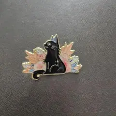 ブローチ 黒猫とお花のピンバッチ ネコ
