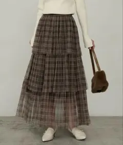 Cherir Mignonチェック柄ティアードチュールスカート　ブラウン　F
