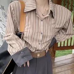 ストライプ柄　長袖シャツ　ダブルラペルシャツ　ピンク　ブラウス　未使用　未開封