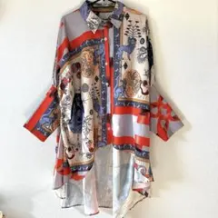 MAUA マウア 総柄 スカーフ柄 シャツブラウス アート柄 ワイドスリーブ