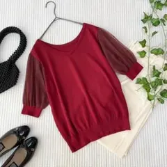 【美品✨春夏服】ルクールブラン チュールパフスリーブ半袖トップス ワインレッドのサムネイル
