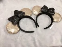 海外ディズニー ゴールドスパンコール 黒星リボン カチューシャ 海外限定  ２点