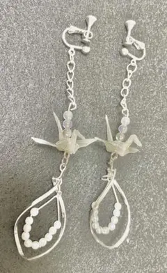 和紙白鶴とパールリングのピアス