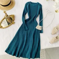 ニット　ワンピース　ロング　ドレス　無地　秋冬　セーター　ワンピース