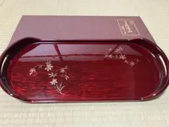 お盆　漆器　花の装飾　楕円盆　朱塗り　漆のスプーン付