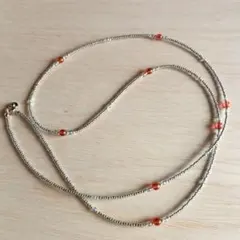 ロングネックレス　ブルーグレー＆レッド　88㎝