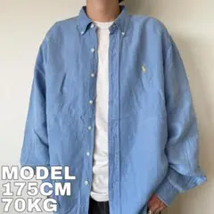 ラルフローレン リネンシャツ シルクシャツ 刺繍 2XL 青 黄色 10819