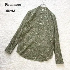 リネン混✨Finamore バンドカラーリネンシャツ 花柄 カーキグリーン Mのサムネイル