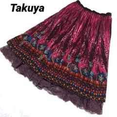 Takuya エスニック柄　ボリューム　レース　フレア　ロングスカート　ボルドー