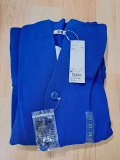 UNIQLOU 青 M ミドルゲージVネックカーディガン ユニクロユー