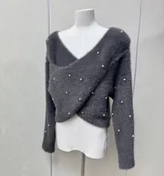 【値段交渉可】GRL フェザーニット カシュクール パール付き グレー