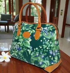 Laura Ashleyフラワー柄 ハンドバッグ グリーン レザー持ち手